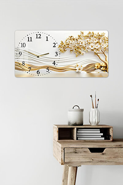 kutuTR 3D Görünümlü 2D UV Baskı Temperli Cam Saat Tablo – Altın Çiçek Tasarımlı – 60x30cm – 60x30cm -YSL007