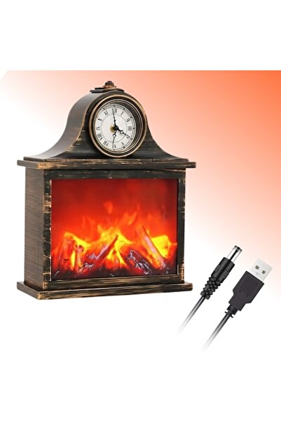 OEM Διακοσμητικό Τζάκι με Ρολόι, Εφέ Φλόγας LED, Vintage, 39x30 εκ., Καφέ