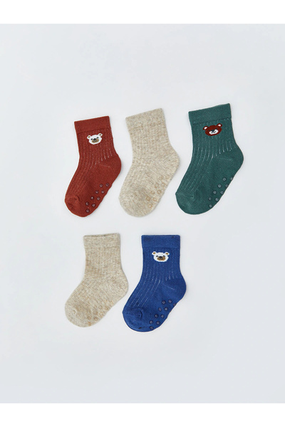 LC Waikiki LCW Бебешки кафяви момчешки чорапи с мотиви, 5 чифта