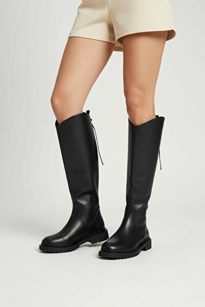 ANGEL BLUE WOMEN'S GENUINE LEATHER BOOTS WITH THICK HEEL CRL14991 Black Leather cu inaltime totala de 47 cm