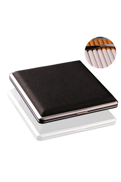 NO BRAND حافظة سجائر للرجال، حامل سجائر من الجلد الأسود والمعدن، محمولة وصغيرة الحجم ونحيفة