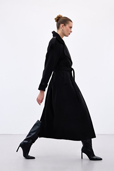 Sateen Palton lung cu guler lat - negru