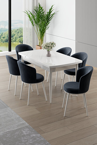 Canisa Asfel Serisi MDF 77x130 Beyaz Yandan Açılabilir Mutfak Masası Takımı 6...