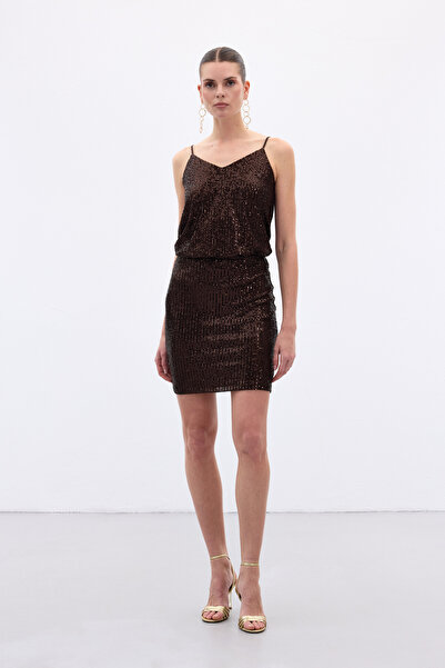 Sateen Μίνι φούστα με παγιέτες - Καφέ