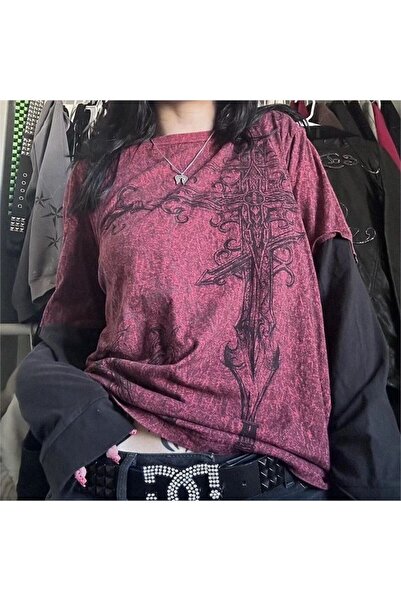 ARS Butik Gothic Punk Vintage Black Long Sleeve Burgundy Tribal Unisex Tshirt