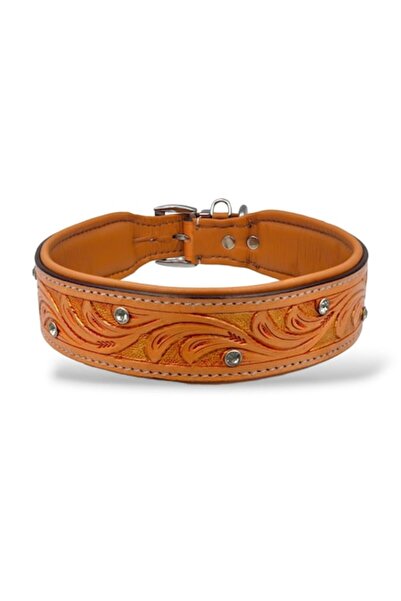 SK9 Carving-1 Gold Collar - Hand-carved hand-painted leather, 59-67 cm, width 4.5 cm, XXL