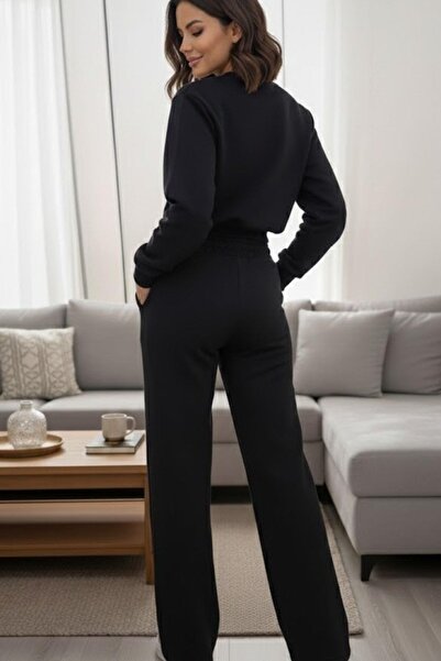 Mossta Crew Neck Patterned Fleece-Lined Blouse Pants Two-Piece Set - Black