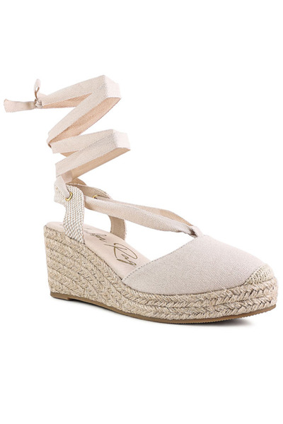 london Rag صنادل نسائية بكعب إسفيني وأشرطة بلون بيج فاتح