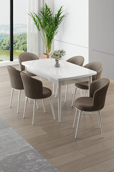 Canisa Asfel Serisi MDF 77x130 Beyaz Yandan Açılabilir Mutfak Masası Takımı 6...