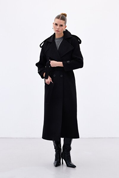 Sateen Palton lung cu guler lat - negru