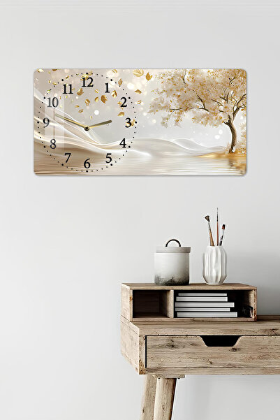 kutuTR 3D Görünümlü 2D UV Baskı Temperli Cam Saat Tablo – Altın Yapraklı Ağaç...