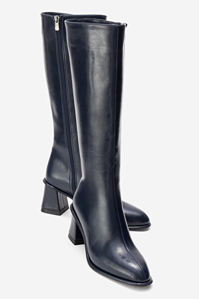 LuviShoes Γυναικείες μπότες με χοντρό τακούνι PARADIS Navy Blue Skin