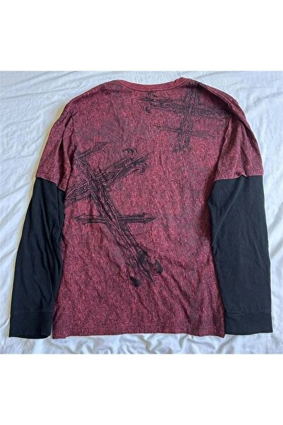 ARS Butik Gothic Punk Vintage Black Long Sleeve Burgundy Tribal Unisex Tshirt