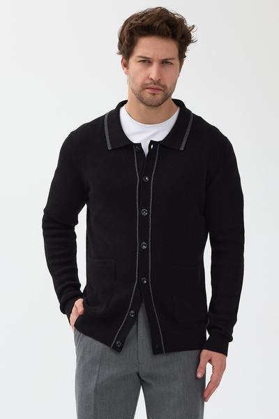 Frappoli Loix Men's Black Cotton Blend Thessaloniki Knitted Cardigan with Pocket Pockets