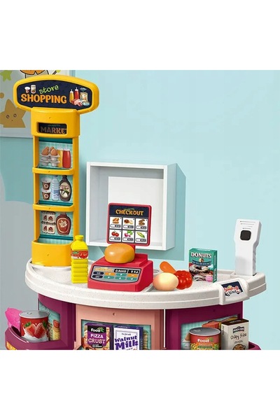 Matadi Purple supermarket play set with shopping cart and 44 accessories, scanner with light and sounds