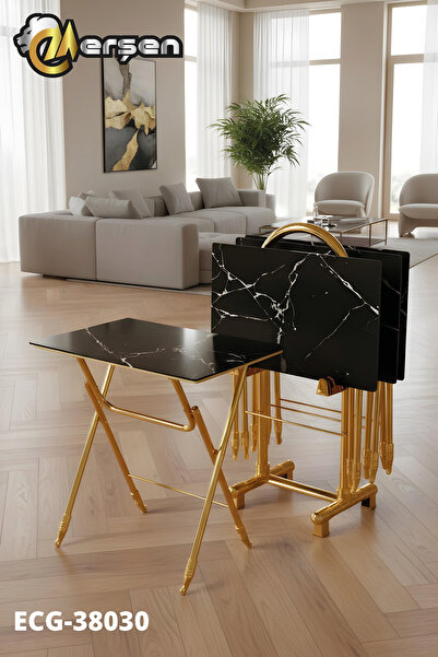 Erşen Sehpa Eranş Serisi 4'lü Katlanır CAM Siyah Mermer Desen Çanta Zigon Seh...