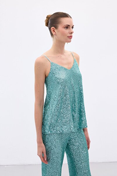 Sateen Sequin Detailed Strap Blouse - Mint