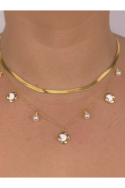 Furtek Aksesuar Fish Pendant Multi-Layered Stainless Steel Non-Tarnish Necklace Combination Set Italian Chain Pearl Detail Gold Plated