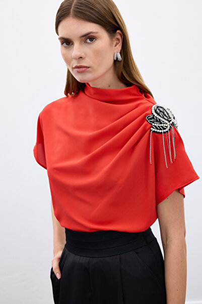 Sateen Bluză casual cu un singur umăr cu accesorii - roșu