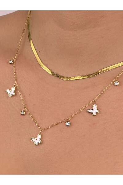 Furtek Aksesuar Butterfly Pendant Multi-Layered Stainless Steel Non-Tarnish Necklace Combination Set Italian Chain Pearl Detail Gold Plated