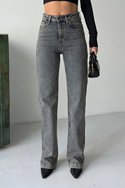 Coşkun GİYİM Women's High Waist Diamond Pattern Stone Denim Trousers Dark Blue 7106-28