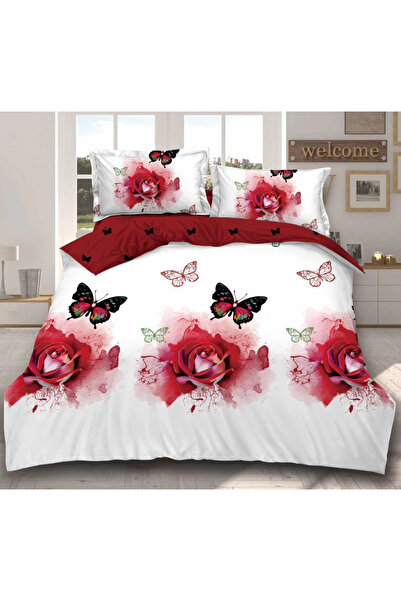 trendyhome Double Bed Linen, 4 Pieces, Satin Cotton, Butterflies And Roses, White/Red, i14626-Elastic