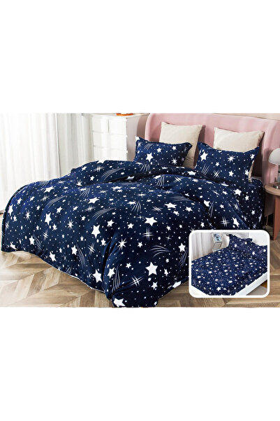 trendyhome Double Bed Linen with Elastic, Cocolino Fluffy Material, 4 Pieces, Stars, Navy Blue, i14031-Elastic
