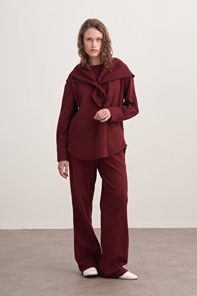 EBU Prive Women's 3-Piece Trouser Set with Shawl Accessories Burgundy