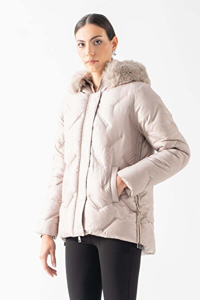 Spazio Remiggio Fermuarlı Kapüşonlu Kürklü Mont VİZON