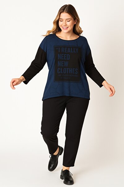 Şans Women's Plus Size Cobalt , Printed Two Color Blouse 65N39266