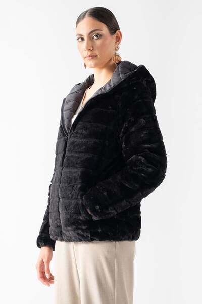 Spazio Ranuccio Çift Taraflı Kapitoneli Peluş Kapüşonlu Mont SİYAH