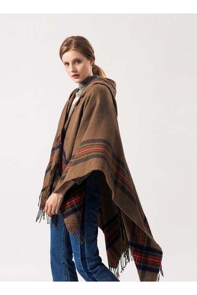 DOMEET Women Hooded Shawl Warp Poncho Cape Cardigan Reversible Oversized Shawl Wrap Vintage Plaid Knitted T
