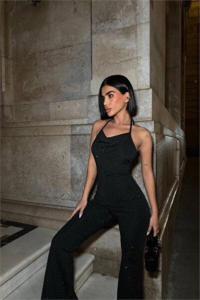 Neşeli Butik Women's Thin Strap Halter Neck Glitter Jumpsuit Nbdf149