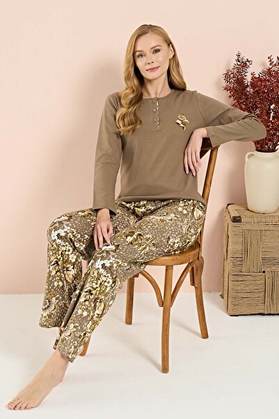 REMSA Γυναικείο Σετ Πιτζάμες Χτενισμένο Βαμβακερό Μακρυμάνικο 3210 Χακί