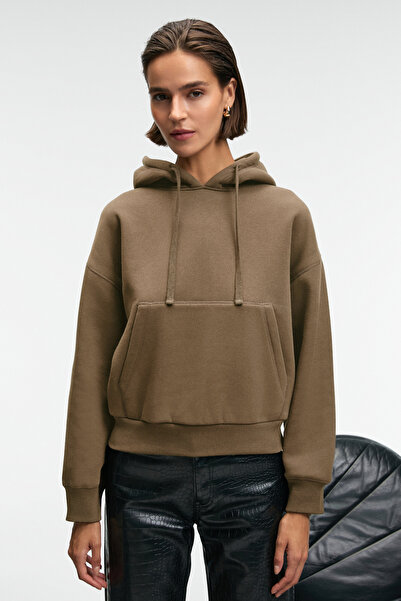 GRIMELANGE Selene Women's Hooded Kangru Pocket Regular Fit Mink Sweatshirt