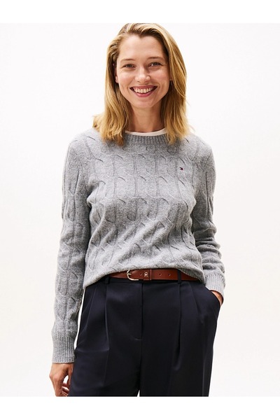 Tommy Hilfiger SOFT WOOL CABLE C-NK LS SWT Kadın Gri Kazak - WW0WW43586