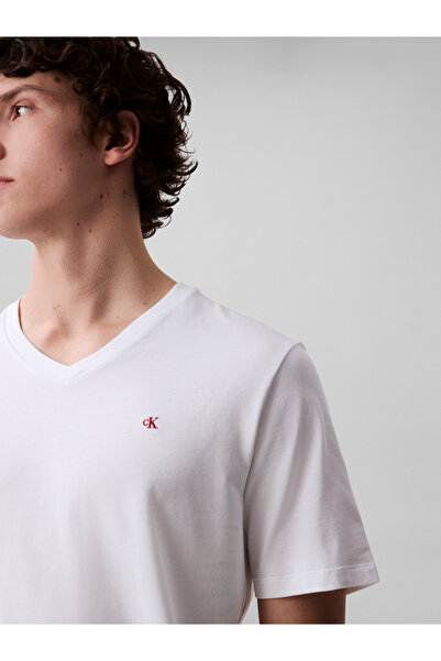 Calvin Klein Men White Smooth Cotton Solid V Neck T-Shirt