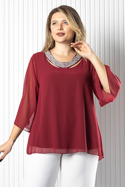 SUBU TASARIM Μπλούζα με λεπτομέρεια από σιφόν με λαιμόκοψη μπορντό TBS970