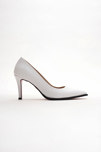 Lizzu White Leather Pointed Toe Stiletto Red Sole Heeled Shoes Stylish Evening Dress Classic Casual