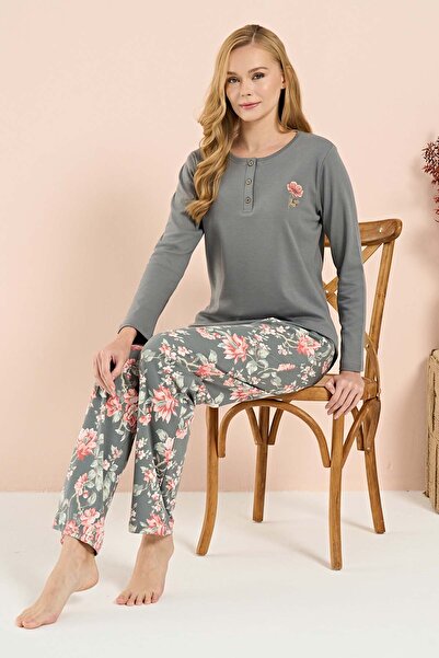 REMSA Set pijama cu mâneci lungi bumbac moale pentru femei 3202 gri