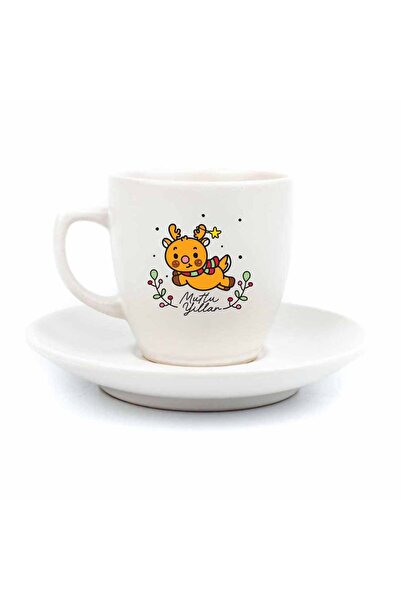 PALTO TASARIM Deer Design Cream Turkish Coffee Cup - New Year Themed Coffee Cup