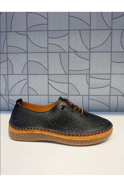 Anıl Ayakkabı Napa 8208 Women's Black Genuine Leather Rubber Lace Detail Casual Sports Shoes