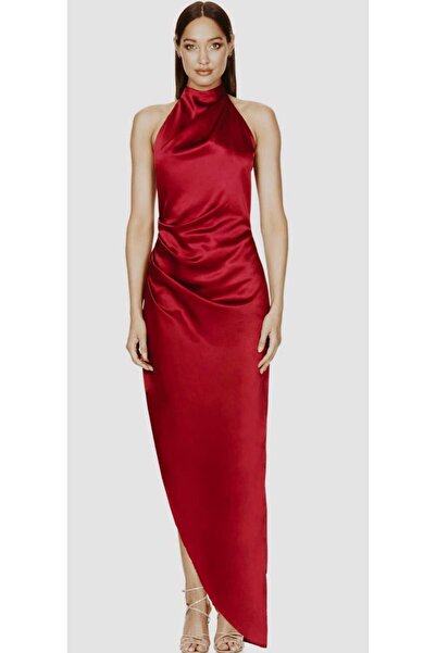 elissaa HALTER YAKA UZUN YIRTMAÇLI SATEN ABİYE ELBİSE