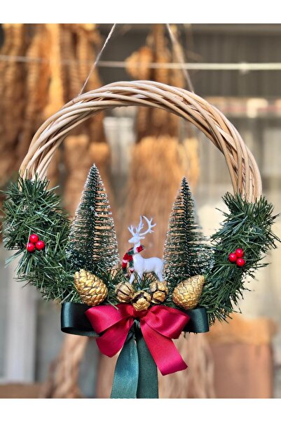 Home Bohem Handmade Noel Yılbaşı Temalı Işıklı Çam Ağaçlı Geyikli Dekoratif Kapı ve Duvar Süsü