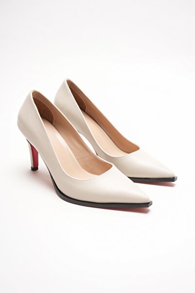 Lizzu Бежови кожени обувки с остри върхове, червени подметки и токчета, елега...