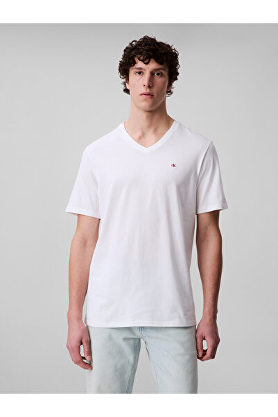 Calvin Klein Men White Smooth Cotton Solid V Neck T-Shirt