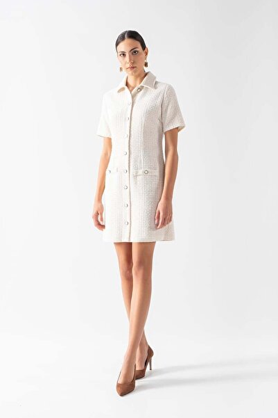Spazio Dolorina Erkek Yaka Önden Düğmeli Kısa Kol Elbise EKRU