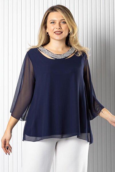 SUBU TASARIM Chiffon Collar Detailed Blouse Navy Blue Tbs970