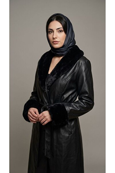 FATOSH KUTO KÜRK DETAYLI GENİŞ BEDEN DERİ PARDESÜ TRENÇKOT