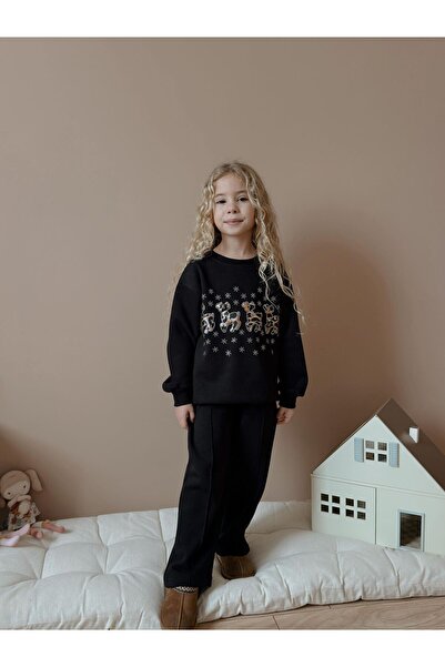 Patriko Girl's Black Color New Season Deer Stone Detail Fleece Inside New Season Winter Stylish Bottom-Up Top Set